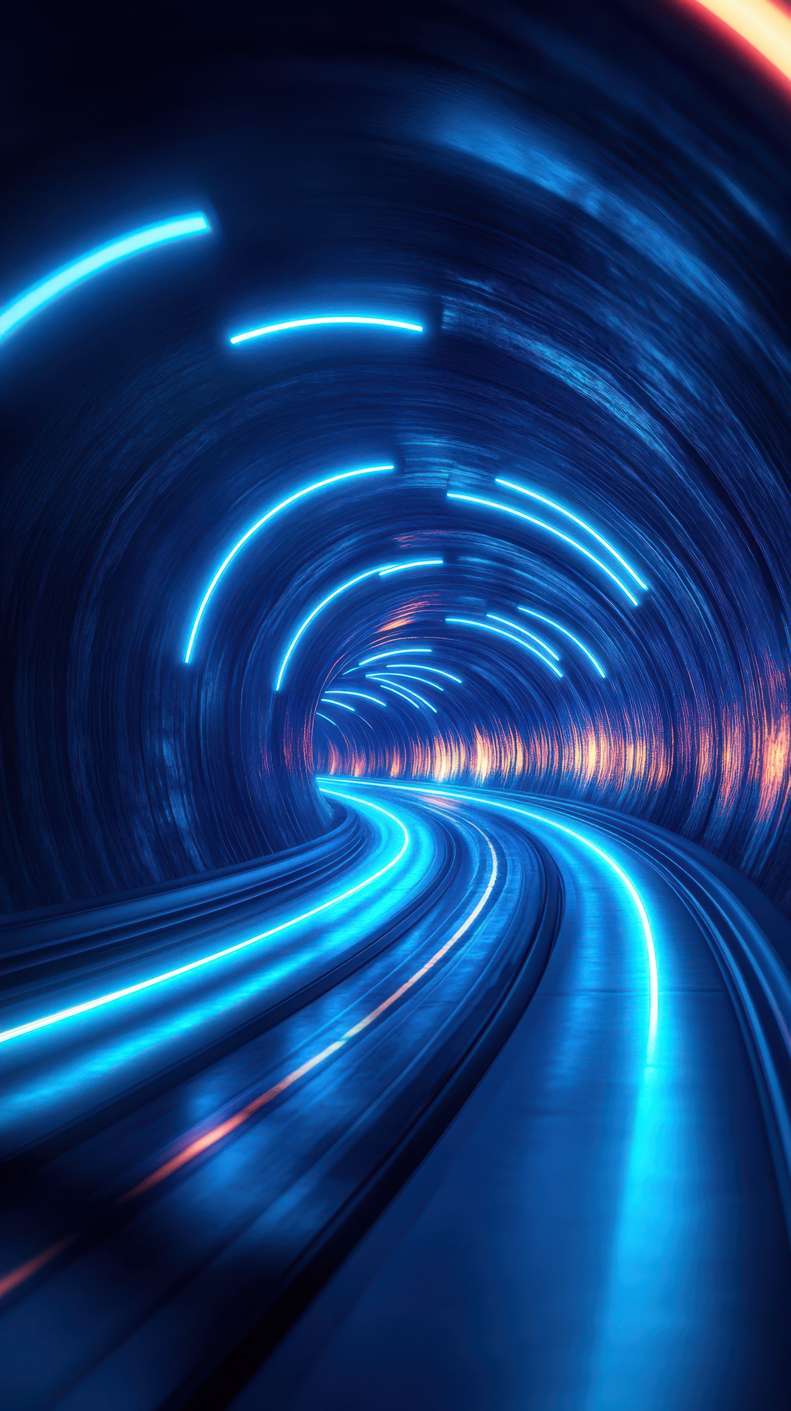 Colorful illuminated tunnel with futuristic lighting design at nighttime